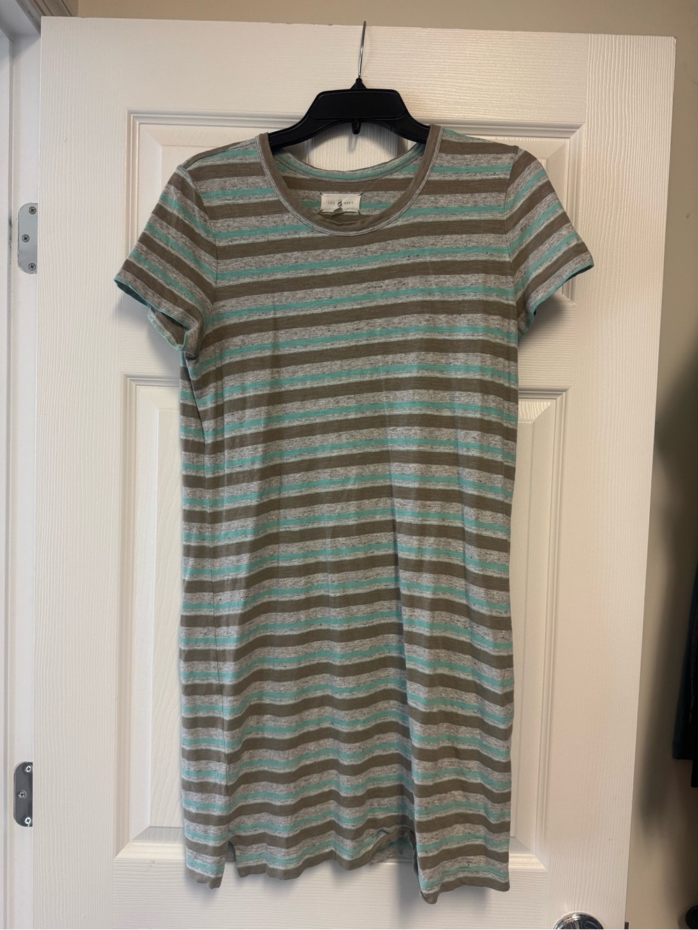LOFT Striped Short Sleeve T-Shirt Dress in Gray and Teal